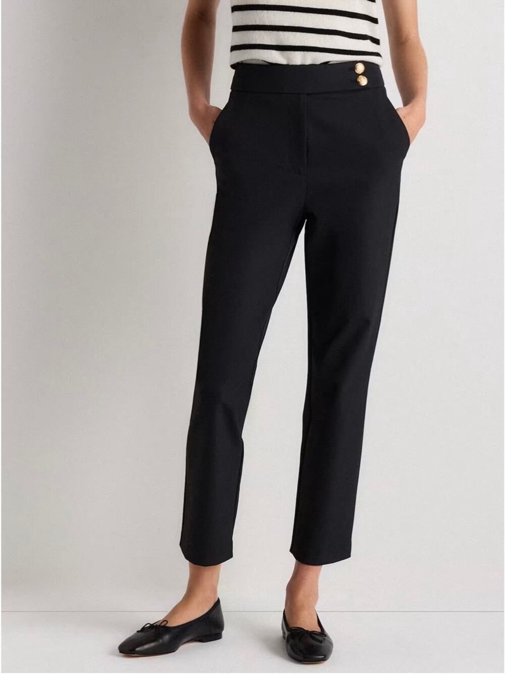 Quince Scuba Slim Ankle Pants True Black Gold Button Detail Size 6